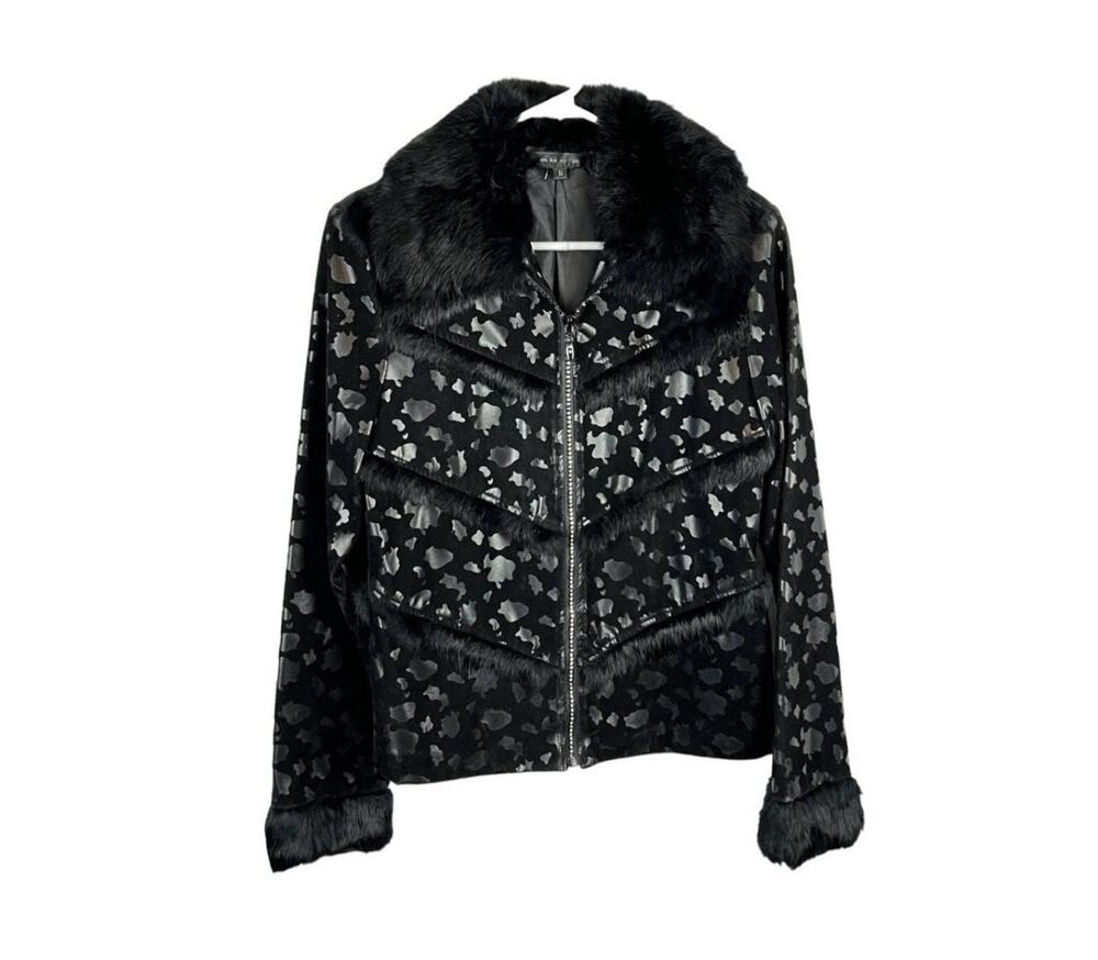 Apres Ski Jacket Coat Black Faux Leather Fur Trim Animal Print Western Rodeo S
